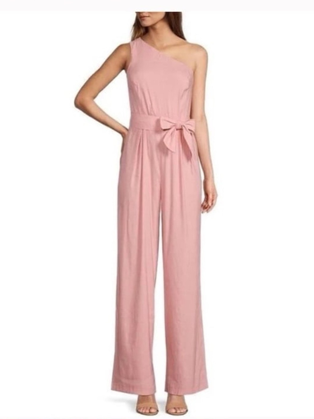 ANTONIO MELANI Blush Pink One-Shoulder Wide-Leg Jumpsuit with Waist Bow